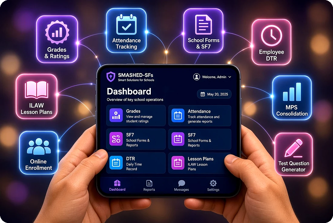 SMASHED - SFs dashboard on a phone, surrounded by feature callouts: Grades and Ratings, Attendance Tracking, School Forms and SF7, Employee DTR, MPS Consolidation, Test Question Generator, ILAW Lesson Plans, and Online Enrollment