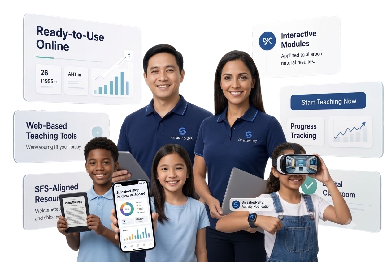 Teachers and students using SMASHED - SFs across devices, with feature callouts